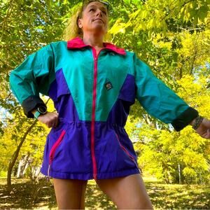 Vintage 90s Woolrich womens neon color block windbreaker jacket with waist cinch